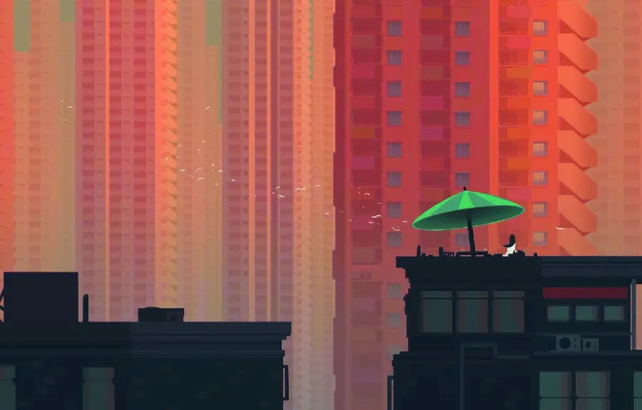 Girl profile photo of a girl sitting on minimalist tall buildings