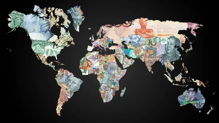 Images of continents and countries with their money