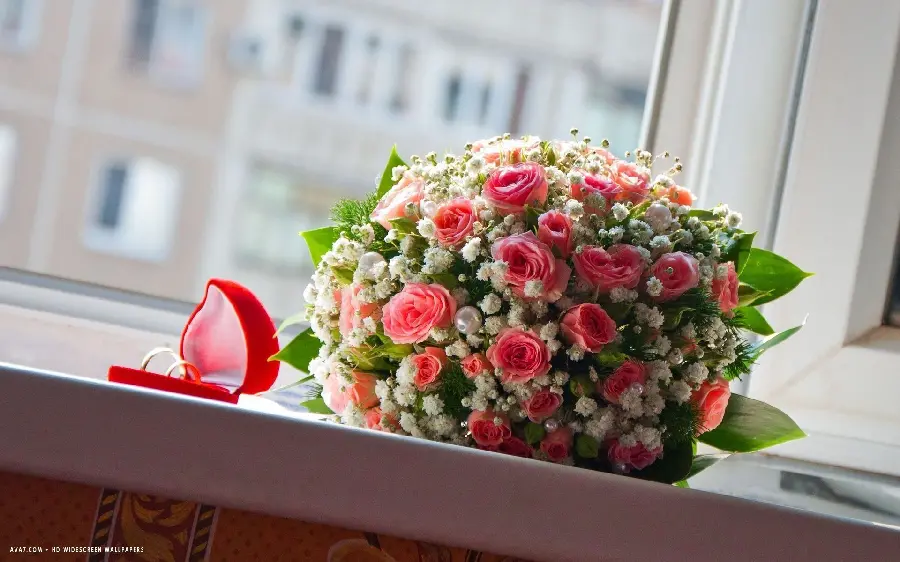 Modern and minimalist wallpaper with a gorgeous bouquet behind the window for Android and iPhone phones 