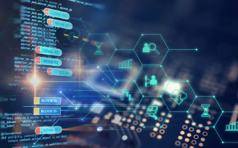 Download digital computerized blockchain model photo for cryptocurrency investor profiles