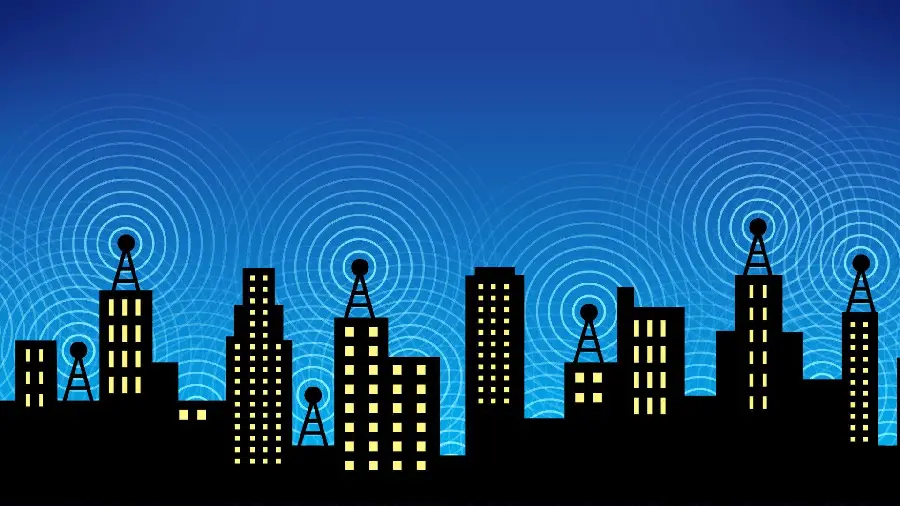 Stock photo of radio waves in wireless mobile phone communications and Wi-Fi wireless networks