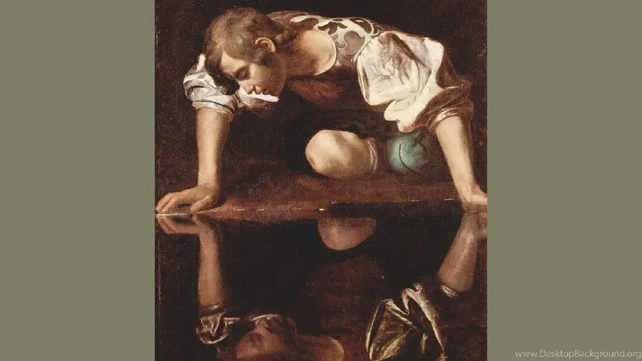 Photo of the painting of the young Narcissus who fell in love with his own image by Caravaggio