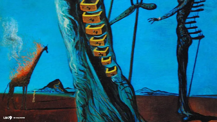 Image of the painting of the flaming giraffe by Salvador Dali