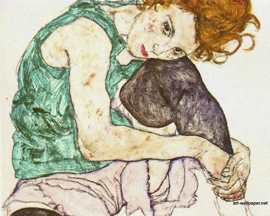 Portrait of a seated woman with legs outstretched with brown hair by Egon Schiele
