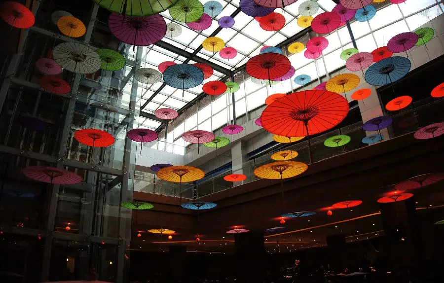 Background with great lighting of Japanese umbrellas hanging from Roof 