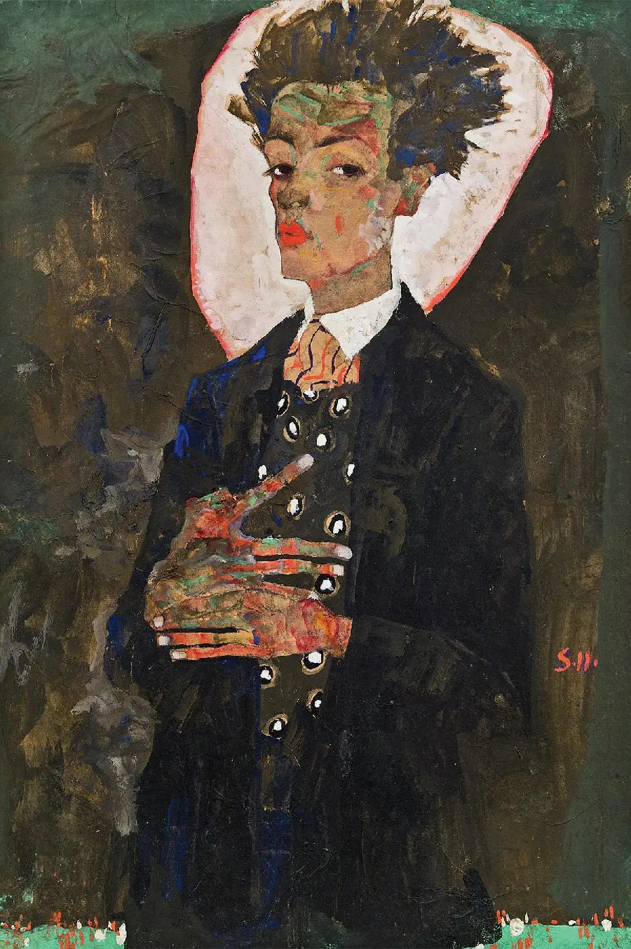 Background photo of a self-portrait painting by Egon Schiele for artists' phone screens