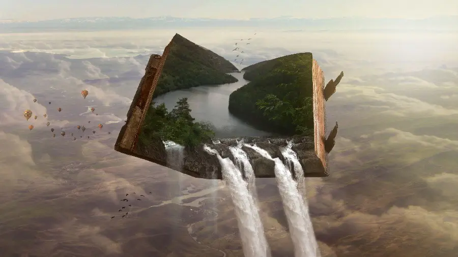 Cool surrealist art photo of a magnificent land suspended in the sky