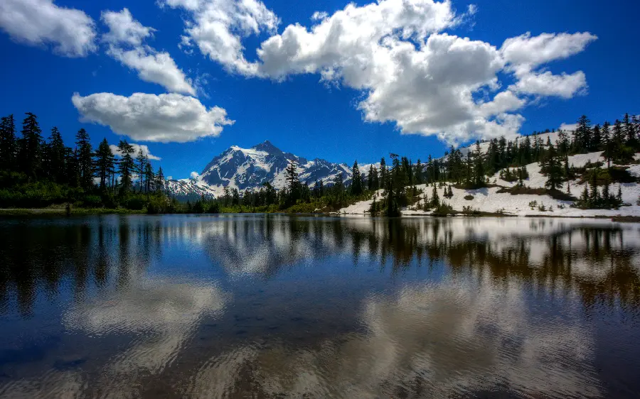 Download photo of the natural landscape and landscape of a clear and clean lake with a cloudy sky 
