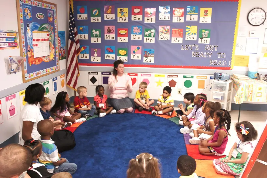 Photo of kindergarten teacher and children listening to teachings 