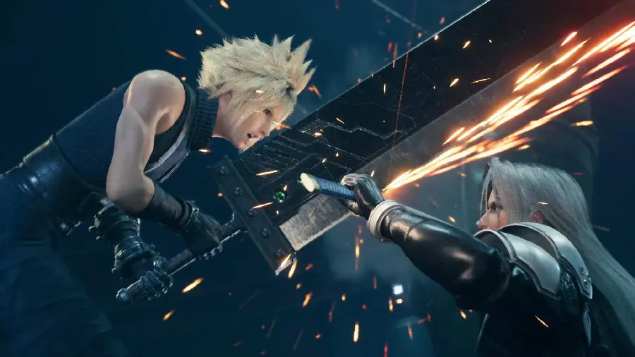 Photo and background of the fight of two attractive characters from Final Fantasy 7