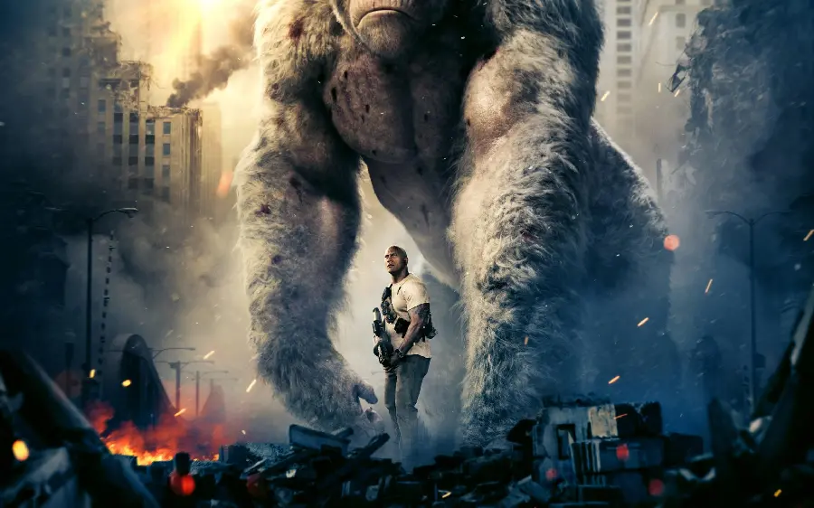 Image of Dwayne Johnson on the poster of the movie Rampage 2018