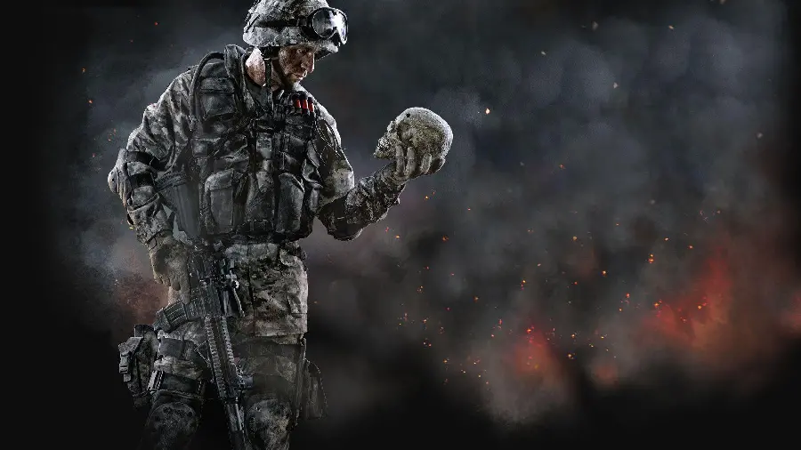 Stunning and strange wallpaper of a skull in the hands of a military soldier