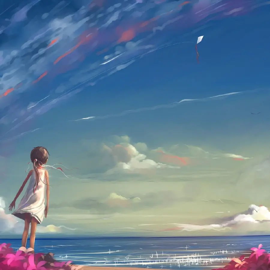 Dreamy anime photo of a girl in white flying a kite