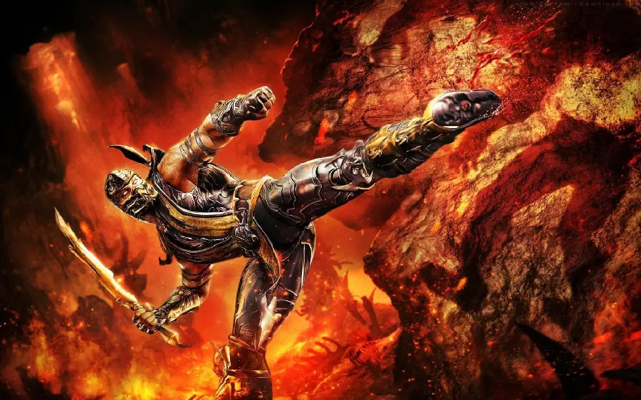 Very cool wallpaper of the fictional character Scorpion in the computer game Mortal Kombat