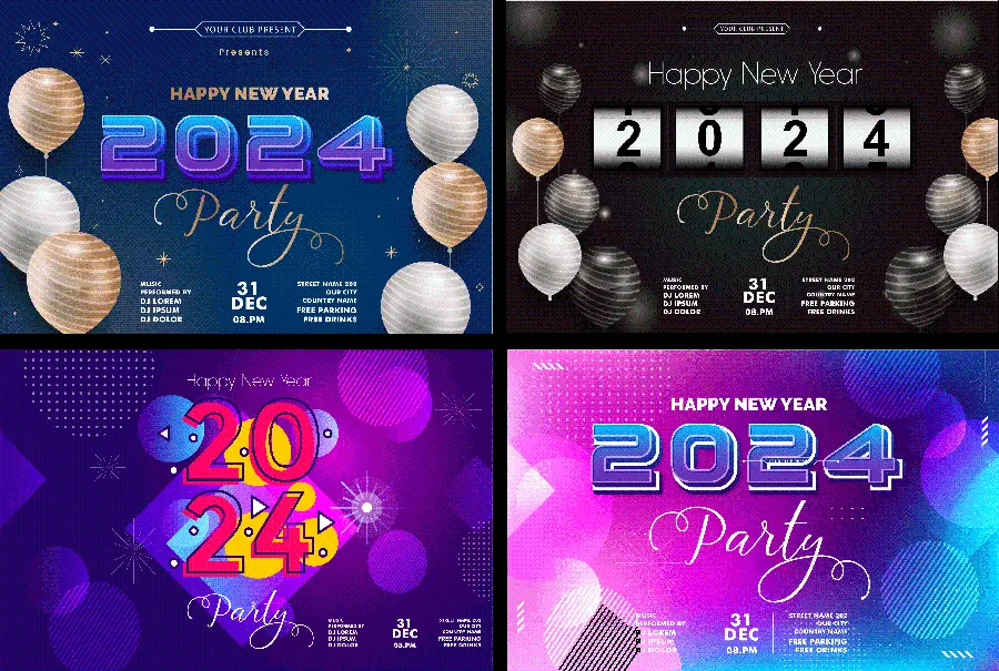 Several beautiful designs of the new year 2024 in a frame and frame