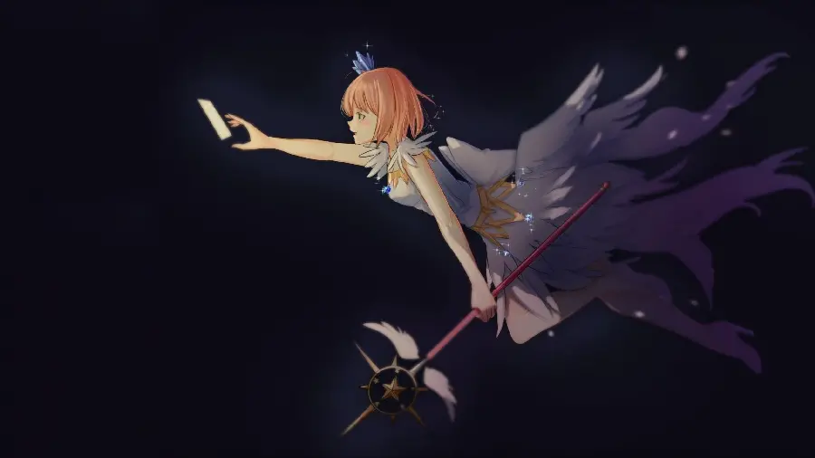 Photo of Kinomoto Sakura, a cute anime girl flying in the night sky