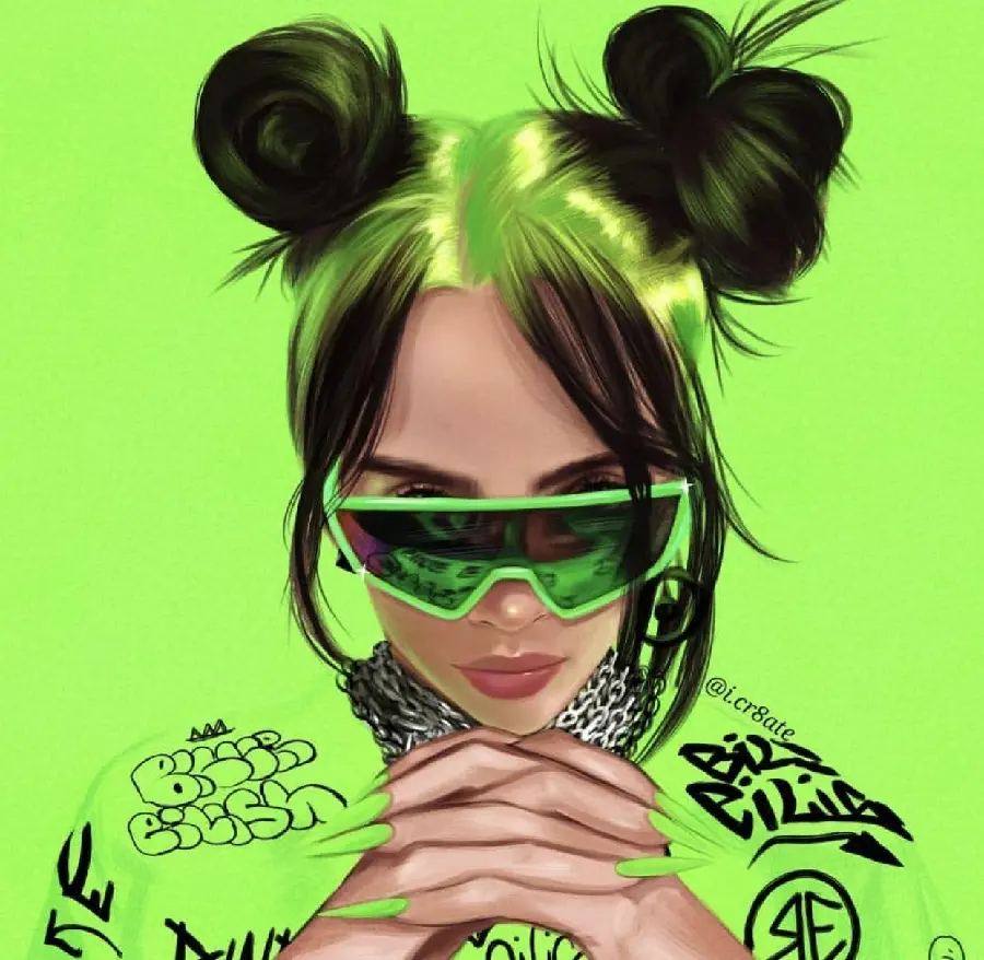 Billie Eilish graphic photo with a special green glitter theme 