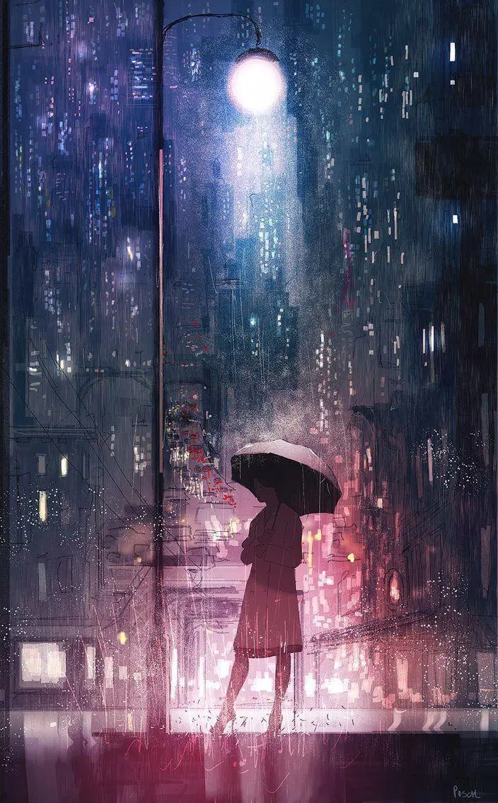 Fantasy graphic image of an anime girl with an umbrella walking in the rain