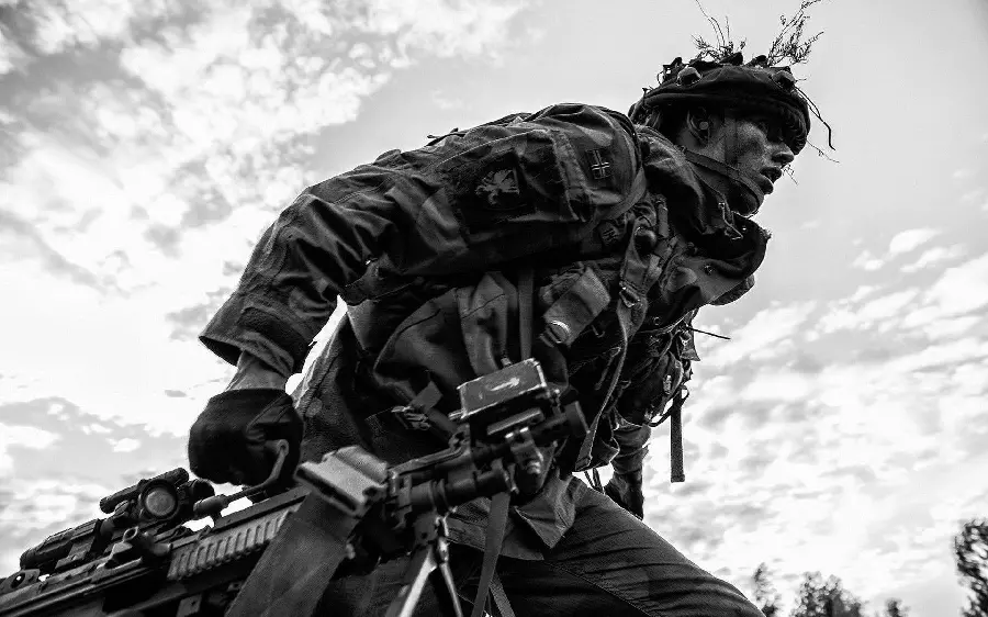 Alone military soldier during an operation with a black and white theme