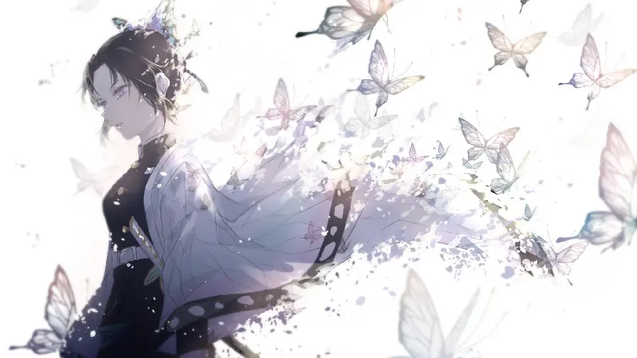Beautiful and dreamy photo of flying butterflies around an anime girl