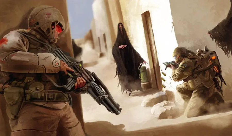 Wallpaper of military war in the future with extraterrestrial beings