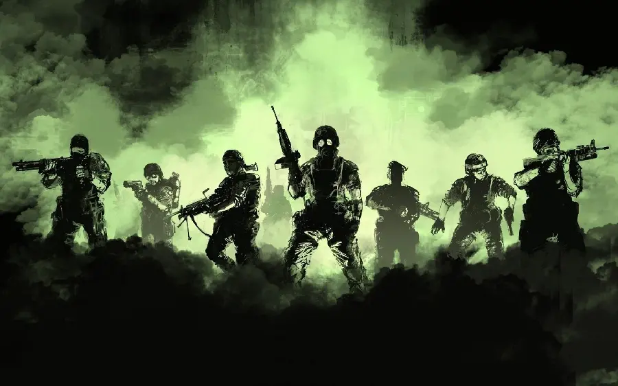 Cartoon poster of military soldiers with a green and black theme