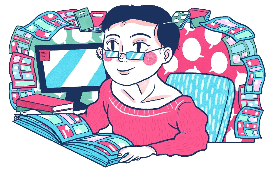 Cartoon image of translating by book and human resources