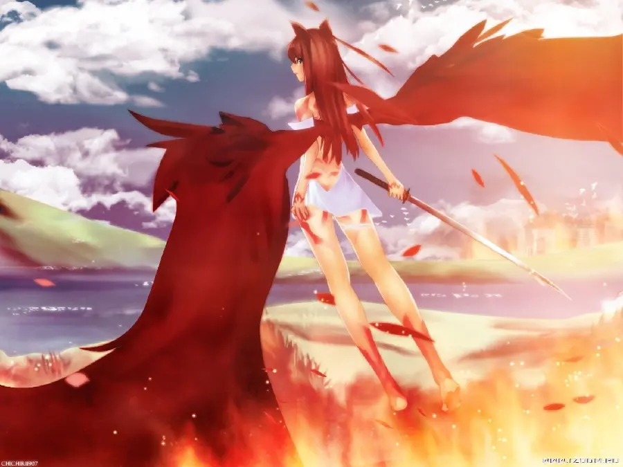 Anime flying photo of a girl with black wings for background