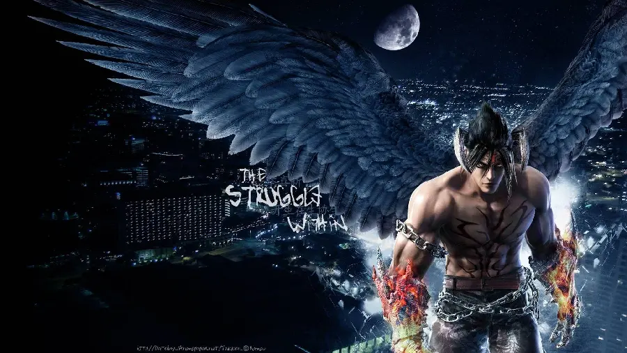 Jin Kazama image on the background of the half-full moon