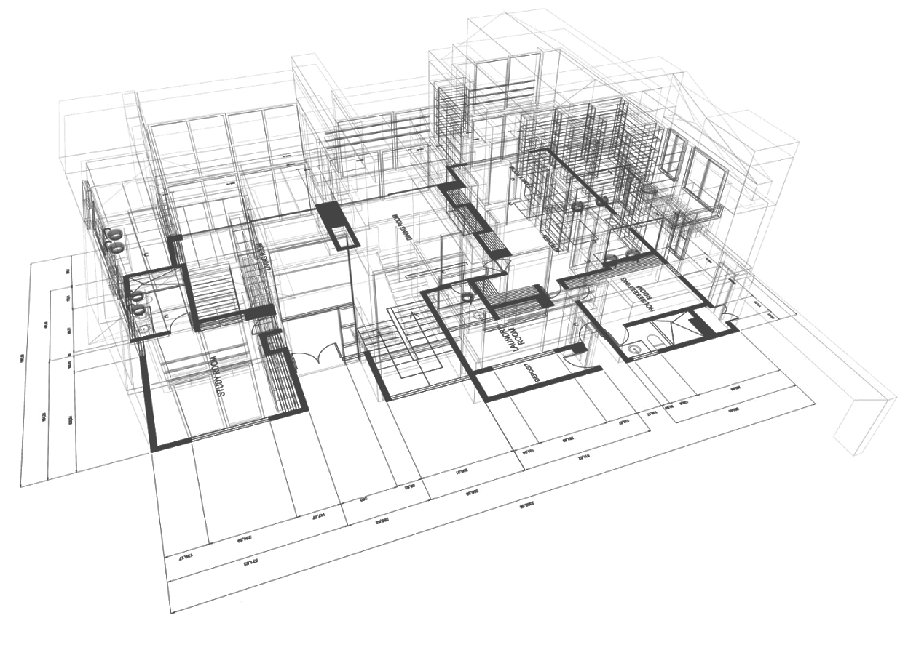 Image of the plan and architectural plan of the interior and exterior of a residential building 