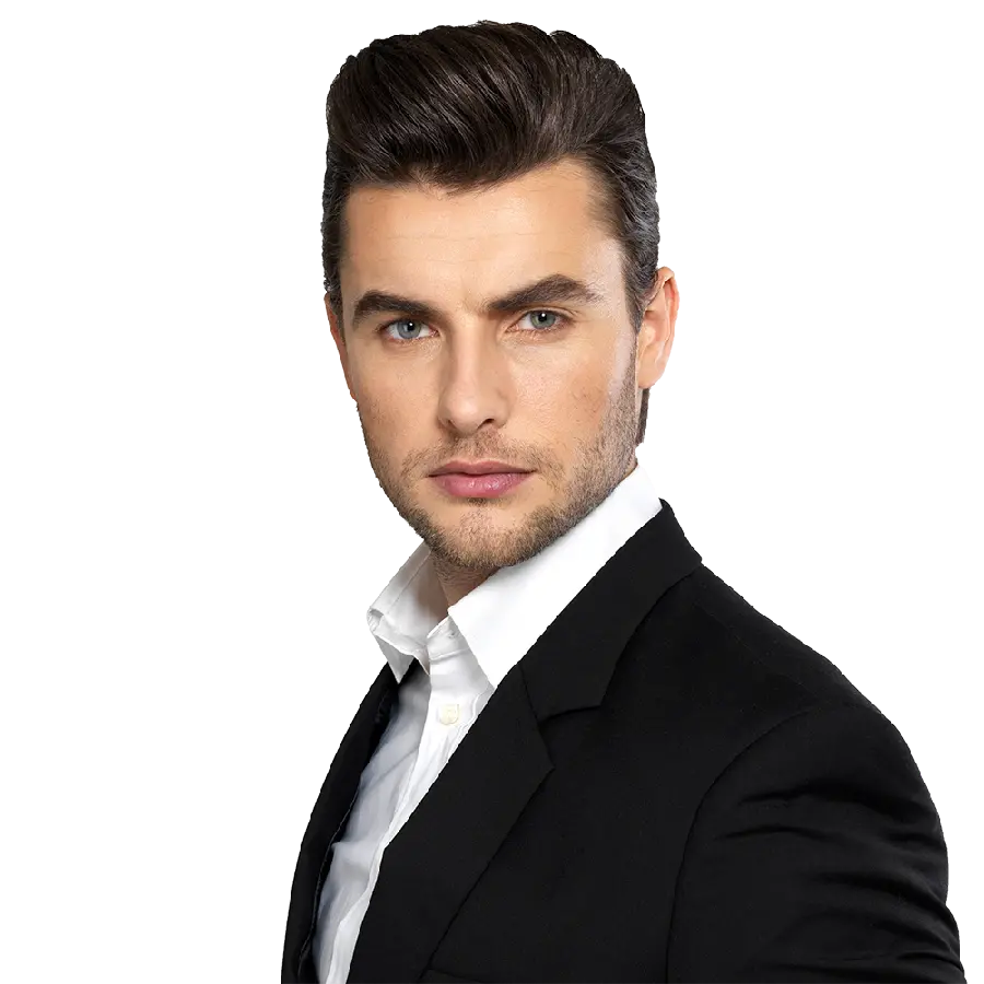 Attractive PNG photo of a man in a suit with a trendy hairstyle and beard and mustache 2024