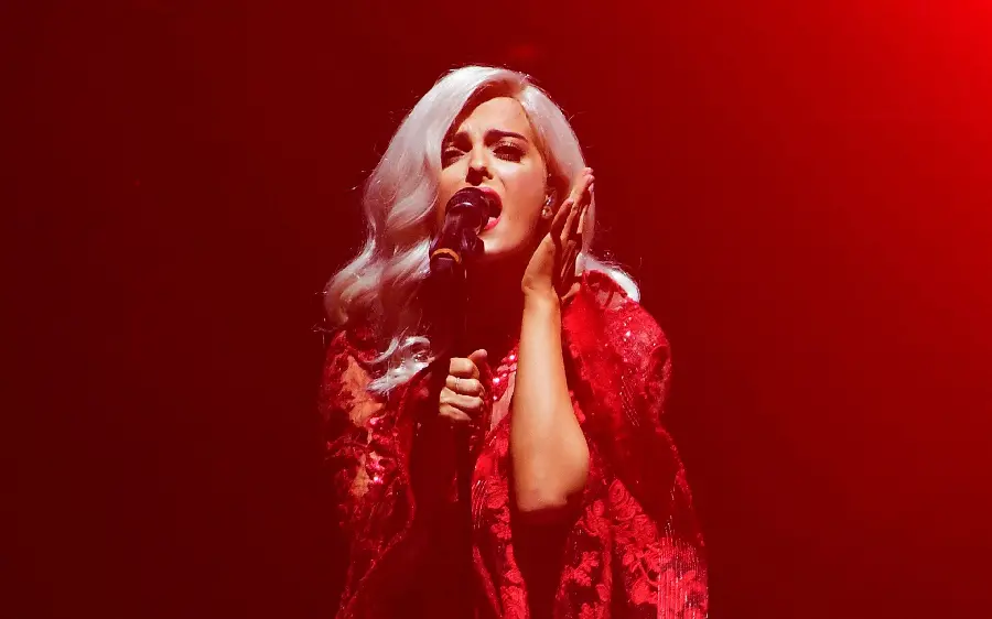 Bebe Rexha's photo in a red dress at her last concert in America