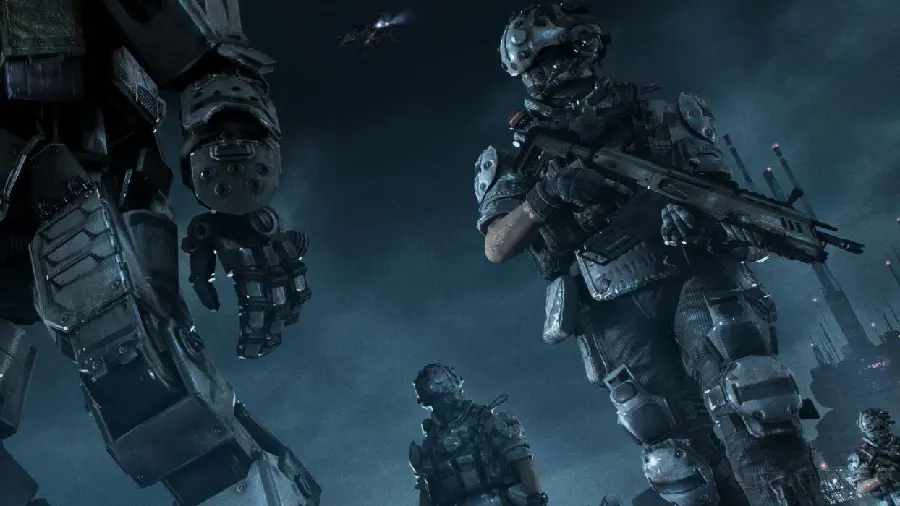 A thrilling image of military soldiers and robots in a sequence of a fiam