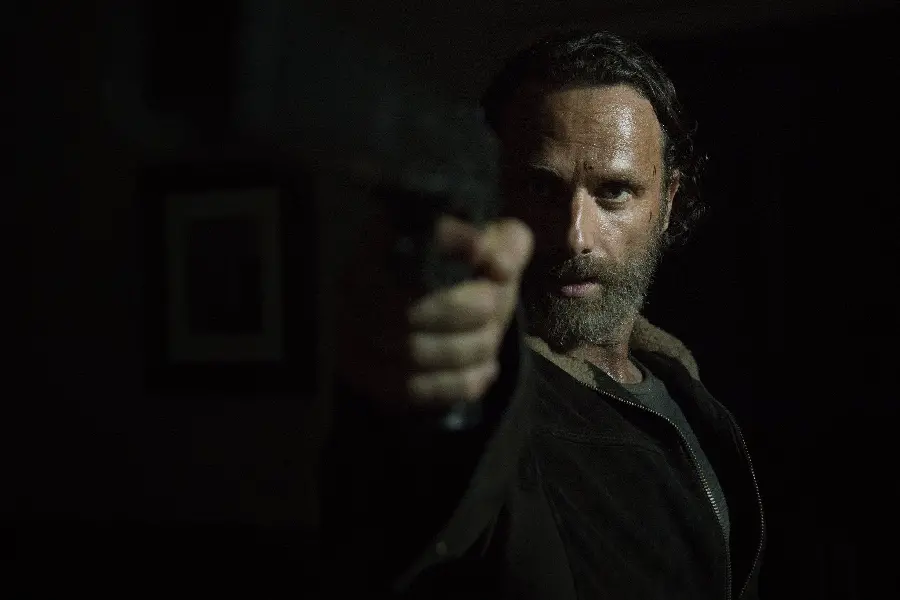 The scary image of the main and powerful character Rick Grimes in the Walking Dead series