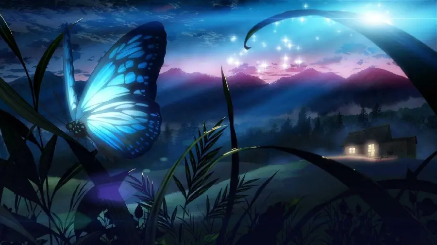 Wallpaper of a blue butterfly with bright lights for fans of the surrealist style