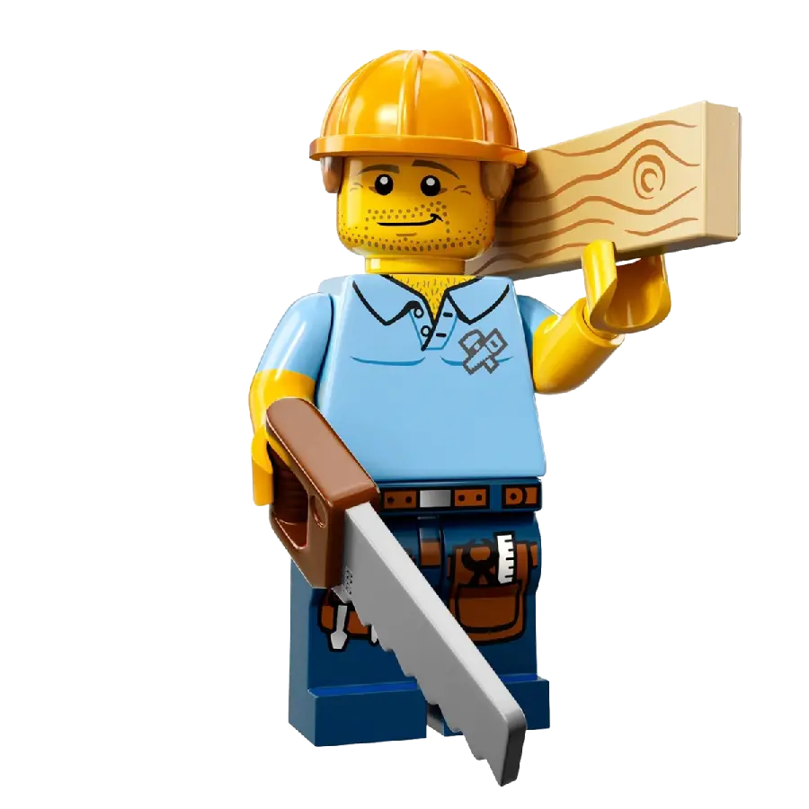 Photo of a cartoon character of a male carpenter with lumber and a hacksaw