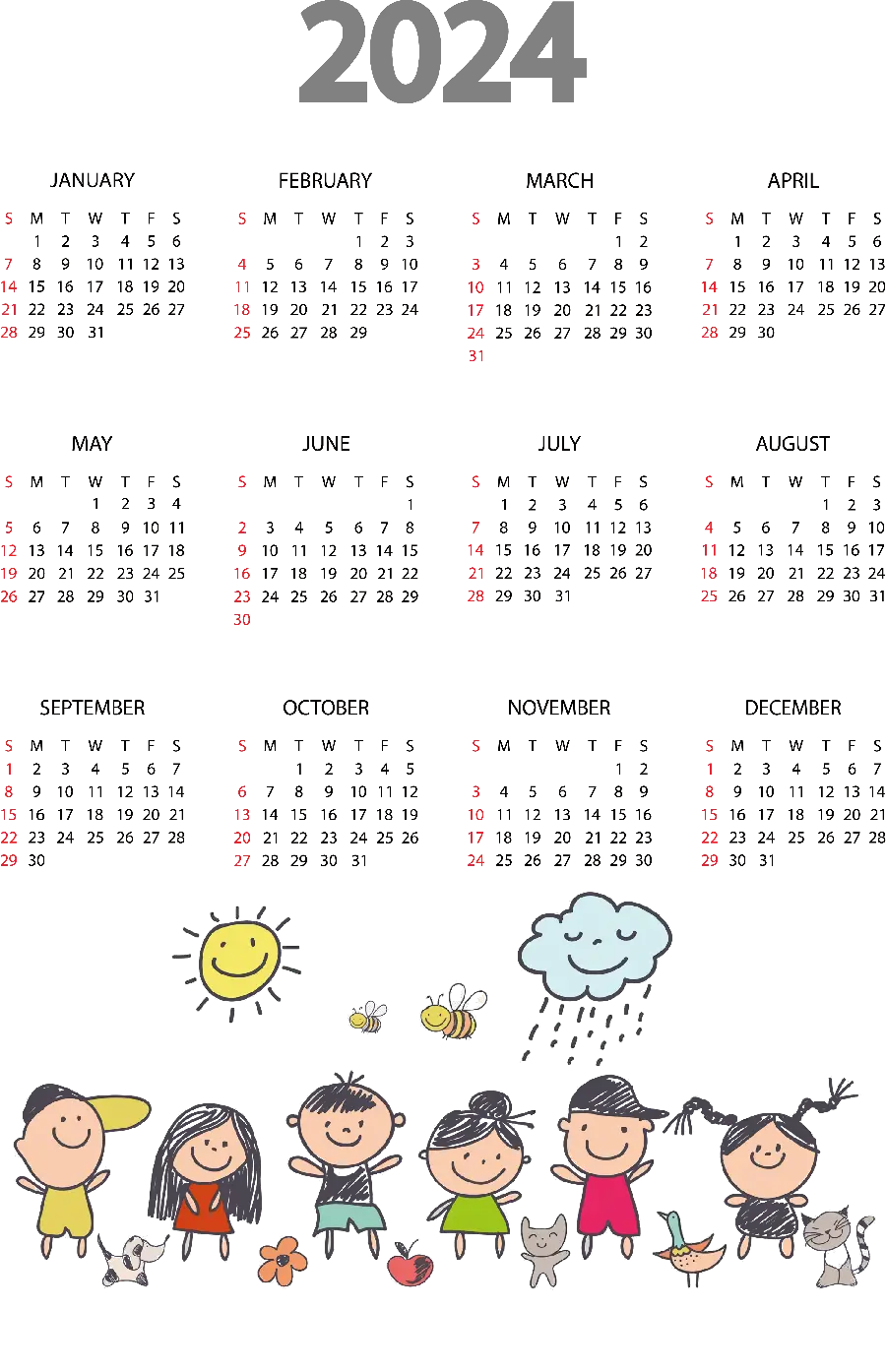 Image of the 2024 Gregorian calendar with a cartoon design for printing in the child's room