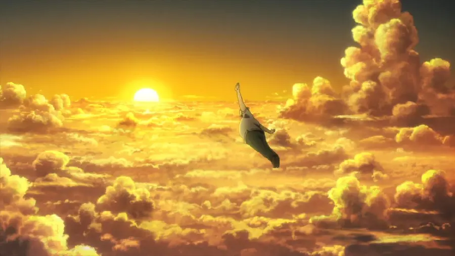 Beautiful anime photo of flying in the sky at sunset