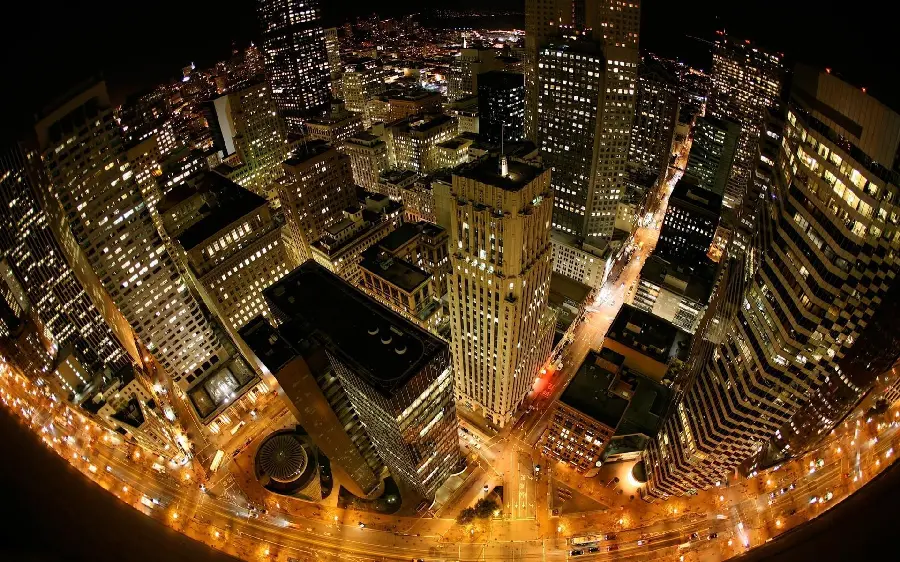 Wallpaper with the most interesting angle of photography of the city immersed in the lights of buildings in the night sky