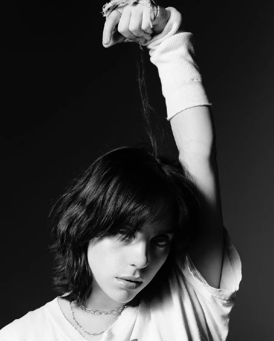Black and white photo of Billie Eilish, the modern music singer 