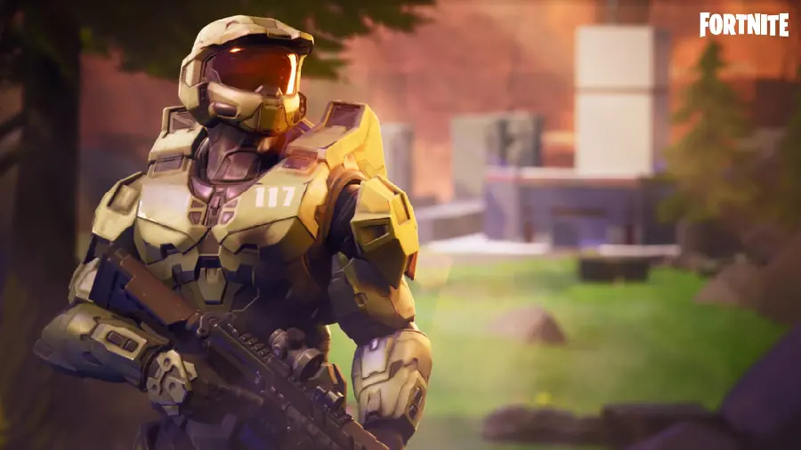 Master Chief wallpaper with a background of greenery and buildings