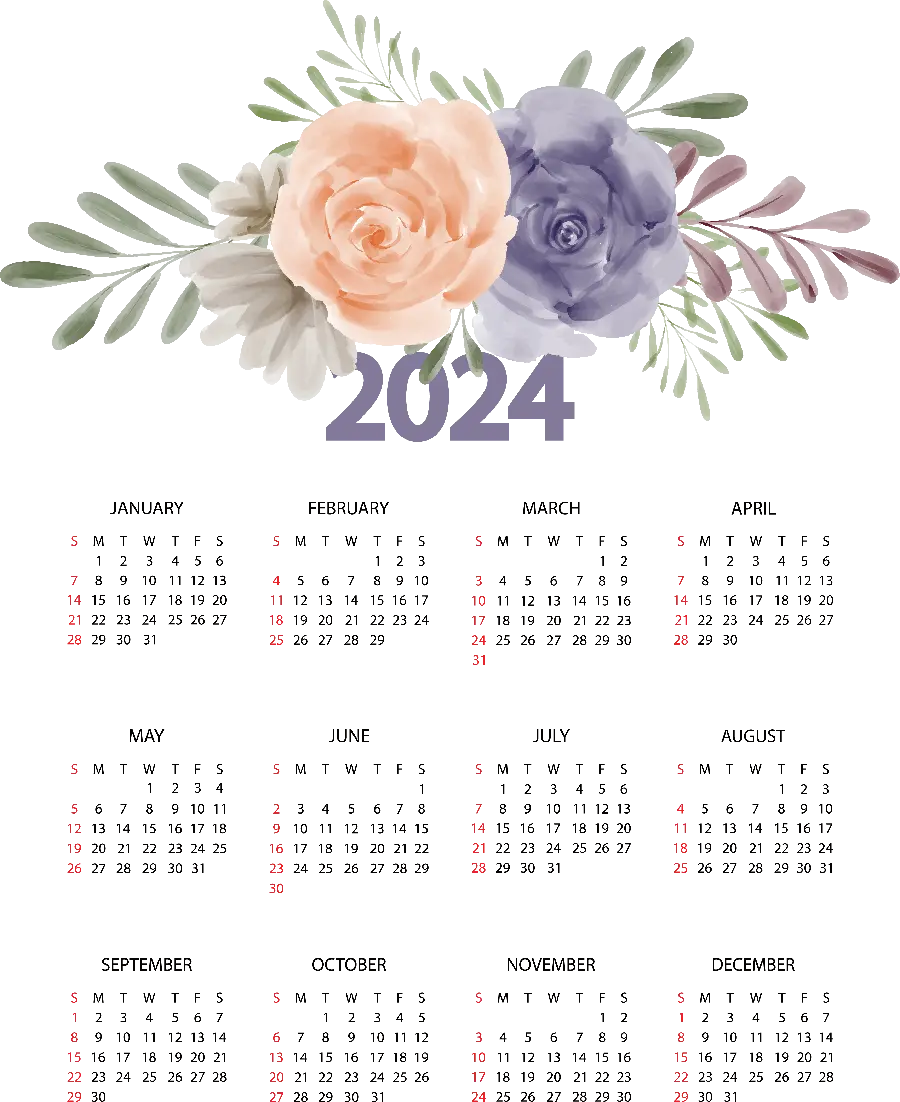 Photo of the New Year's calendar 2024 with beautiful flowers on top of the page
