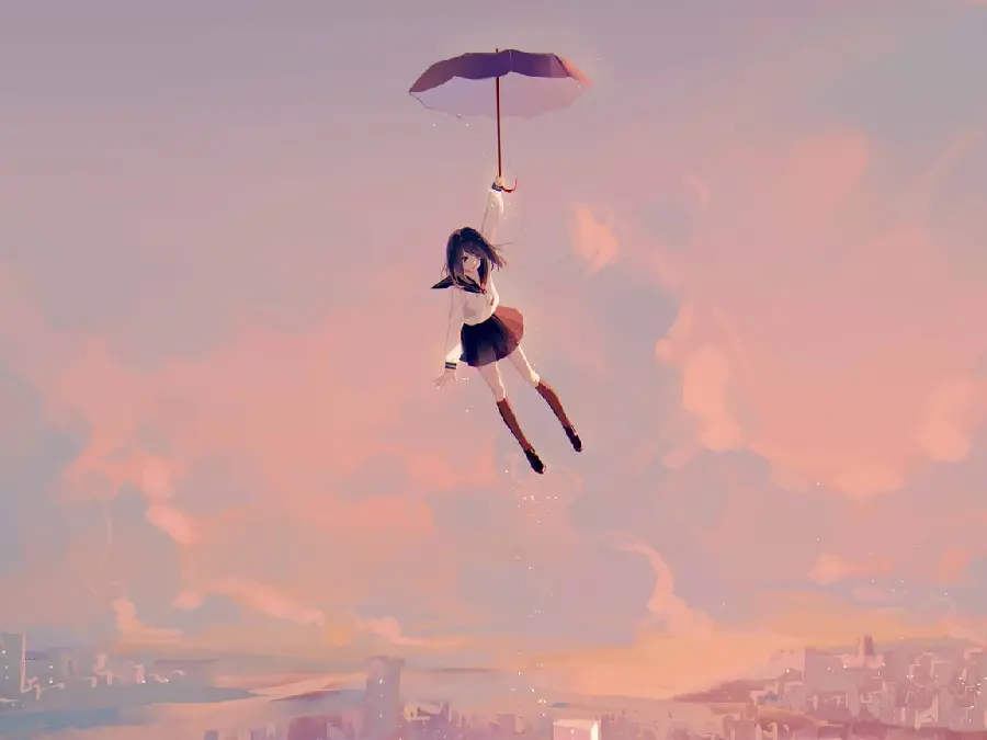 Download wallpaper of a cute anime girl flying with a black umbrella