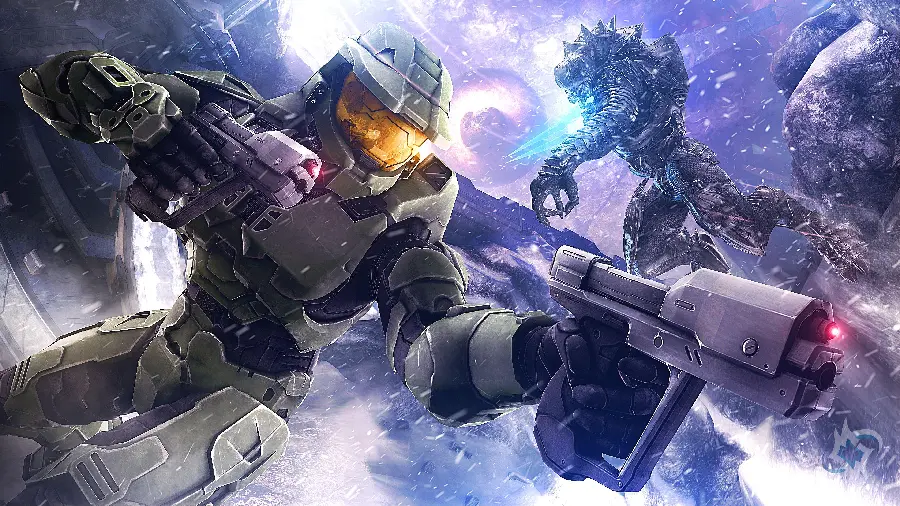 Background image of Master Chief fighting an alien