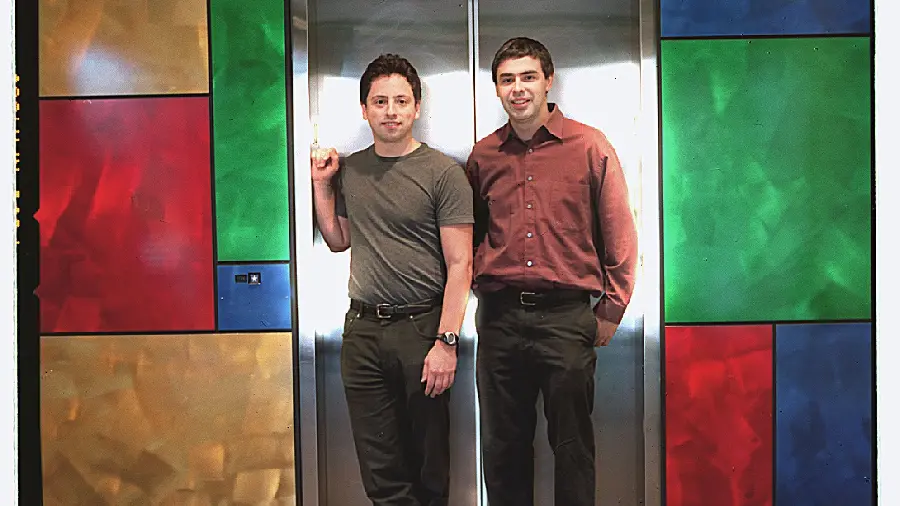 Photo taken of Larry Page and Sergey Brin in front of the elevator