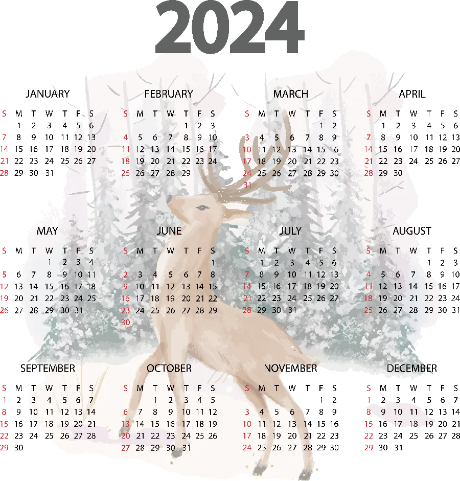 4k quality wallpaper of the 2024 calendar in the background of a beautiful deer painting