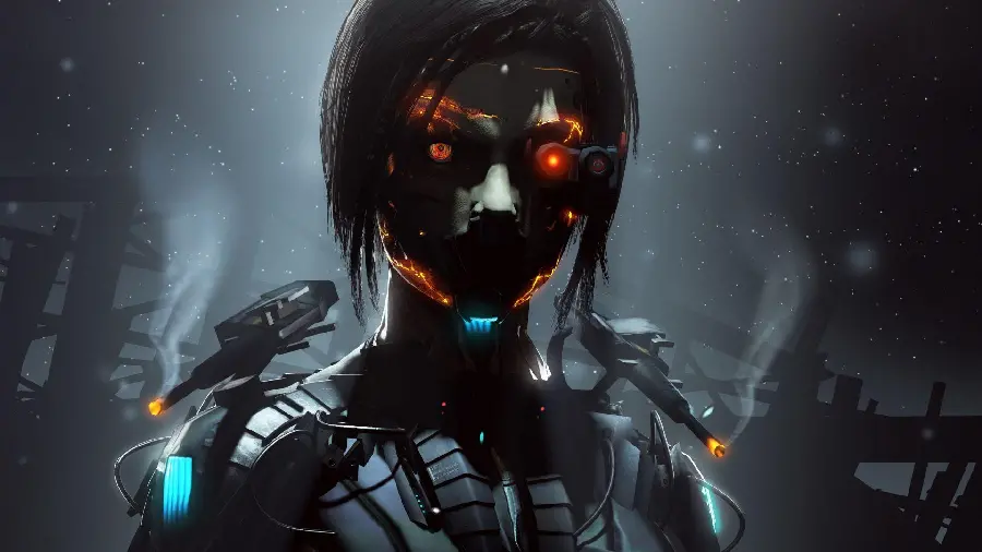 Image Cool and scary female robot with red eye light and fear