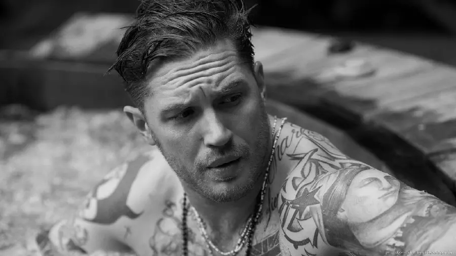 High quality black and white photo of Tom Hardy