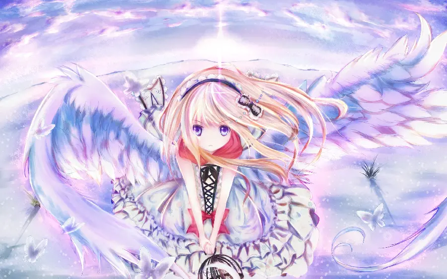 Beautiful anime flying angel with white wings