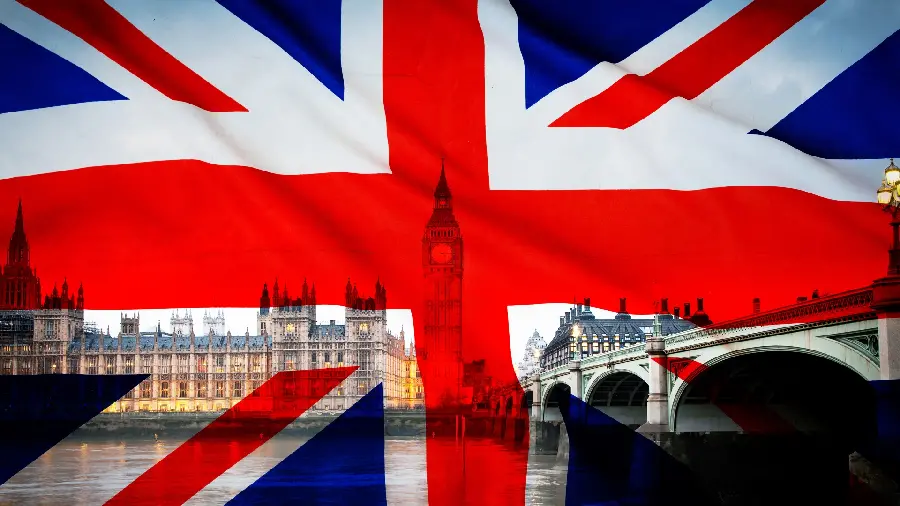 A wallpaper of the British flag highlighted on a city in England